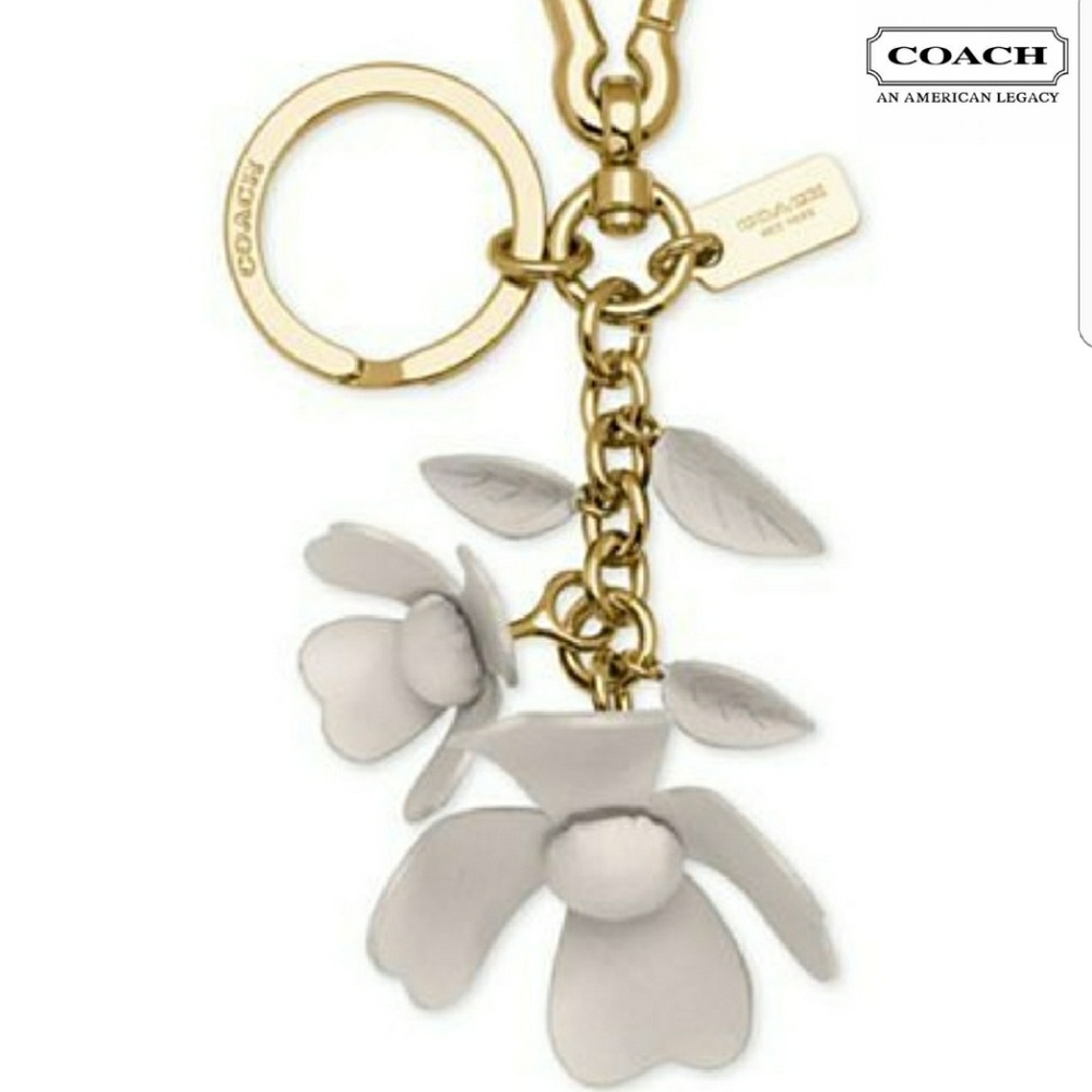 Coach Leather Tea Rose Bag Charm/Keychain (White/Cream with Gold Hardware)